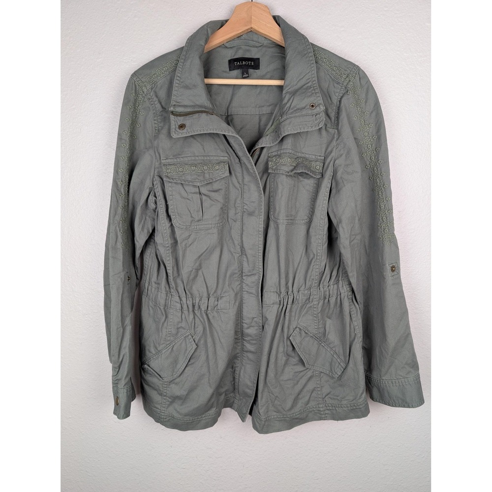 Talbots Jacket Womens Large Green Utility Anorak Cargo Pockets Embroidered